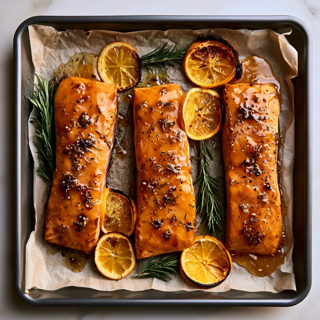Orange rosemary glazed salmon: The Ultimate 20-Minute Sheet Pan Dinner 1 Close up of bubbling orange glaze and charred rosemary needles on salmon fillets. (Orange rosemary glazed salmon)