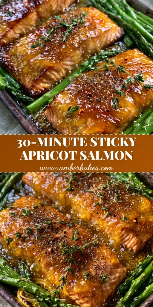 A close-up of Apricot Dijon Glazed Salmon fillets on a sheet pan with roasted asparagus and charred lemons, garnished with thyme and red chili flakes.