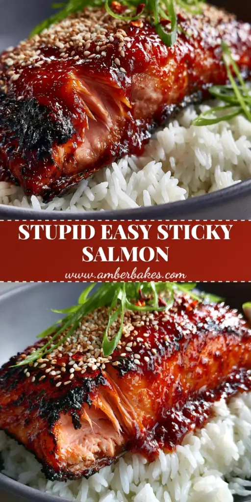 A close-up of a gochujang honey glazed salmon fillet with charred edges and a bubbling red sauce over jasmine rice.