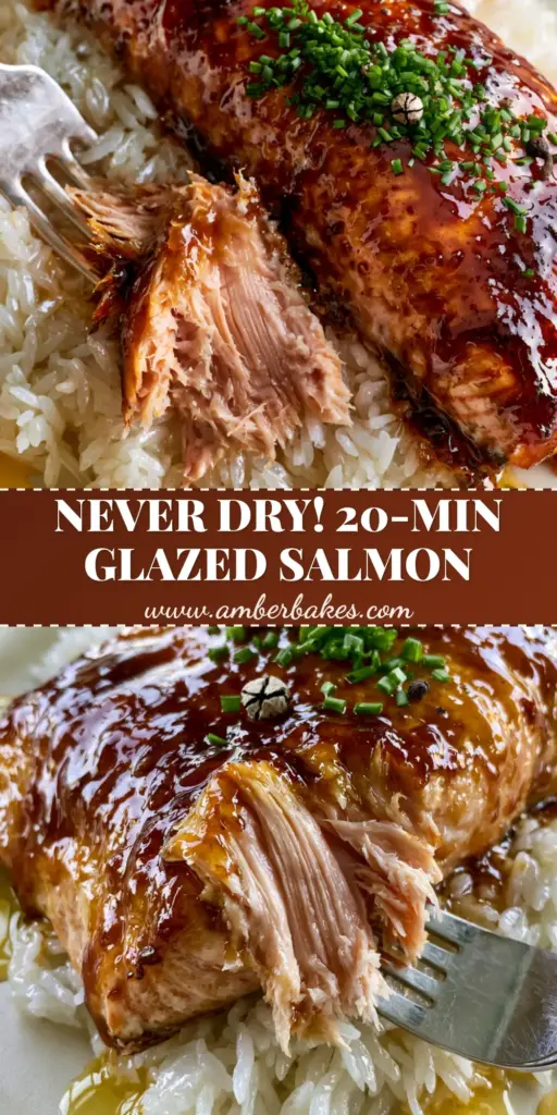 A close-up vertical shot of brown sugar glazed salmon with a sticky mahogany sauce flaked by a silver fork over white rice.