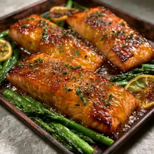Top-down view of three thick Atlantic salmon fillets coated in a glossy golden apricot-dijon glaze on a rustic dark pan. (Apricot Dijon Glazed Salmon)