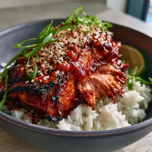 A smartphone photo of gochujang honey glazed salmon in a grey bowl showing the sticky texture of the sauce.