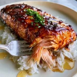 Top-down view of brown sugar glazed salmon showing the glistening mahogany sauce and bubbling garlic butter edges.