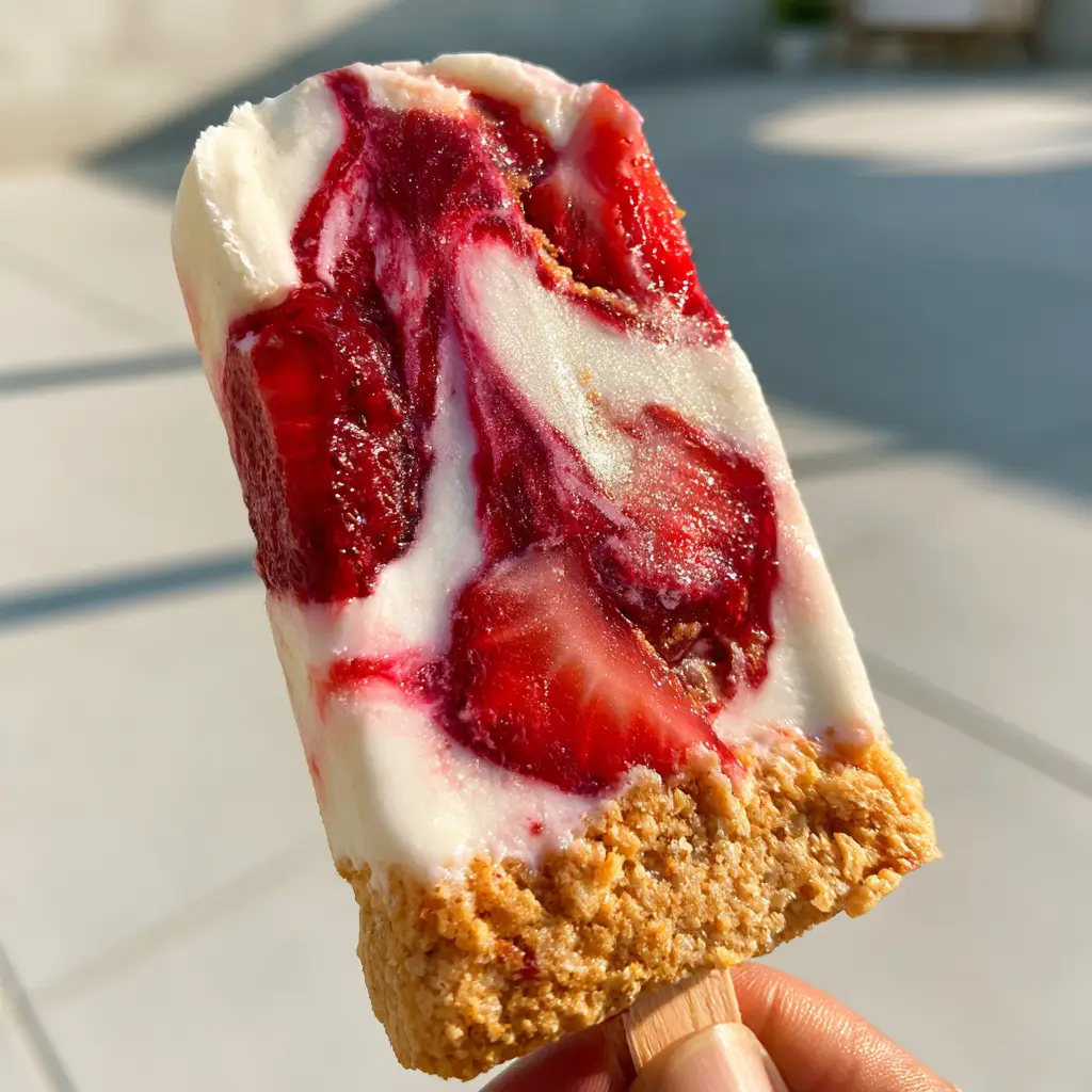 Strawberry Cheesecake Popsicles with a Buttery Graham Cracker Crumble 1 Detailed view of the golden-brown buttery graham cracker crumble on a frozen strawberry cheesecake popsicle.