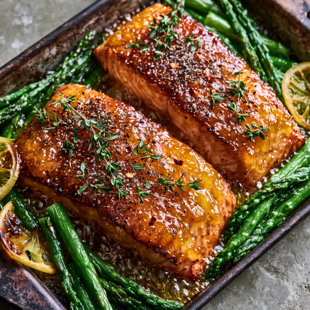 Close-up of bubbling apricot glaze on salmon with charred lemon slices and fresh thyme.