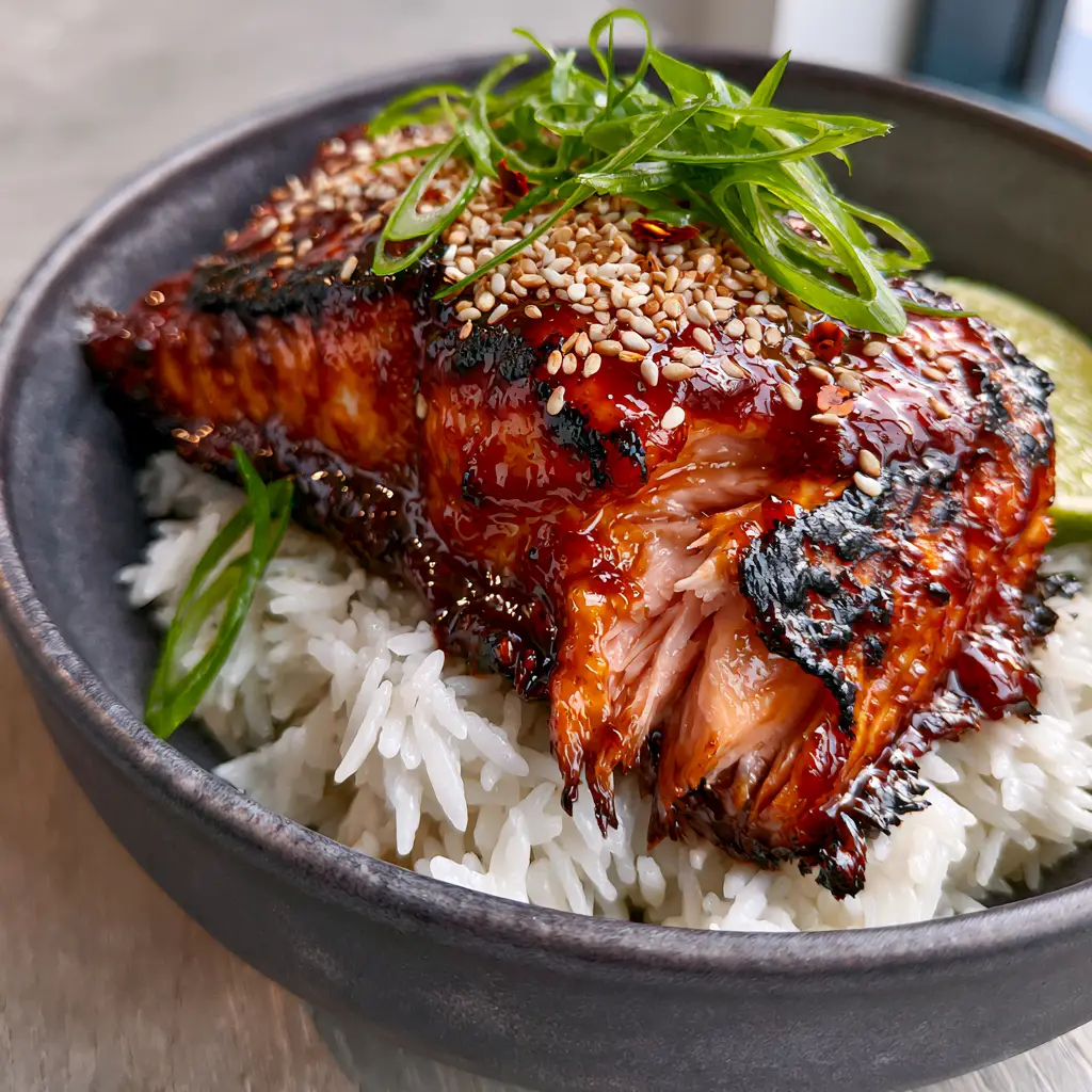 Close up of charred edges on a gochujang honey glazed salmon fillet with sesame seeds.