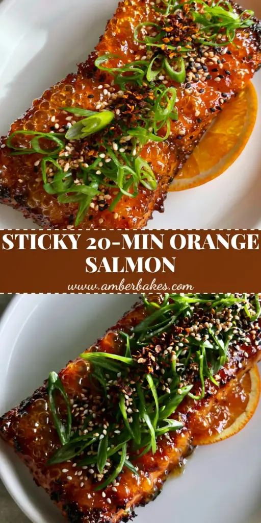 A close-up vertical shot of orange glazed salmon garnished with sesame seeds and green onions, perfect for a quick dinner.