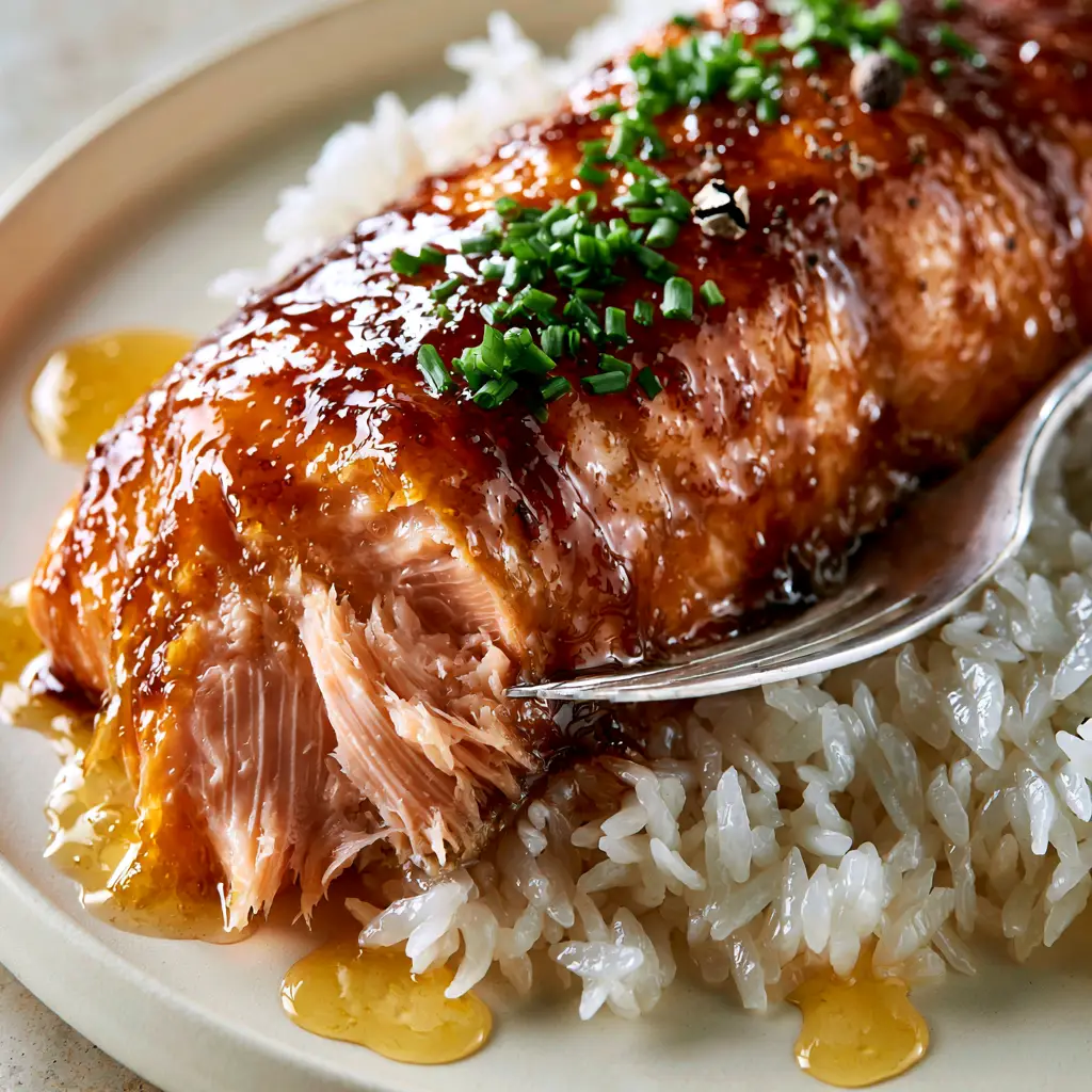 Detailed view of moist, flaked brown sugar glazed salmon interior showing fat lines and tenderness.