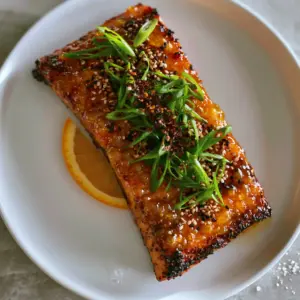 Overhead smartphone photo of a thick seared salmon fillet with glossy orange glazed salmon coating and fresh garnishes.