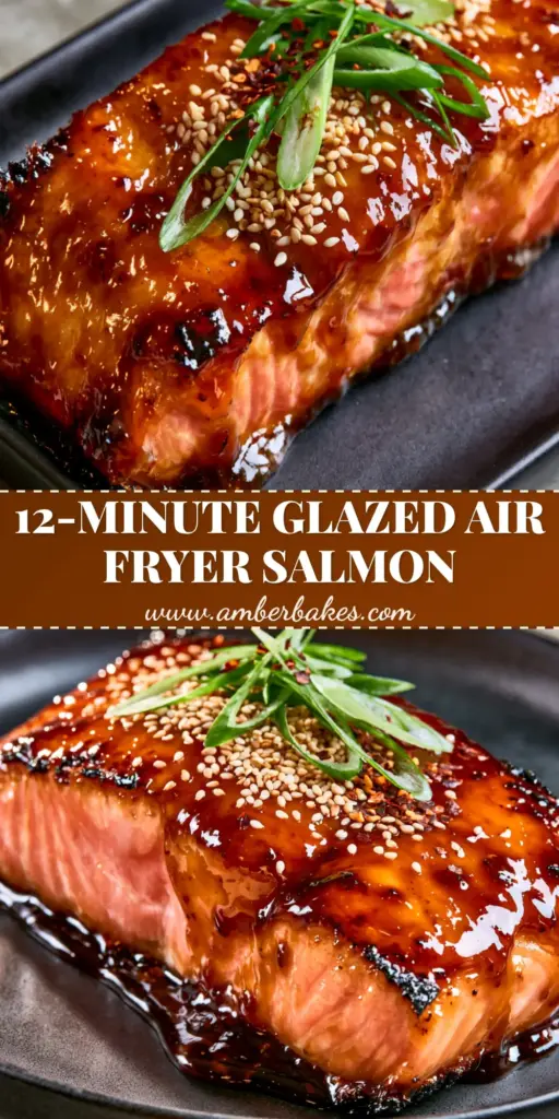 A thick center-cut Glazed salmon fillet with a vibrant pink flaky interior and charred honey garlic crust on a black plate.