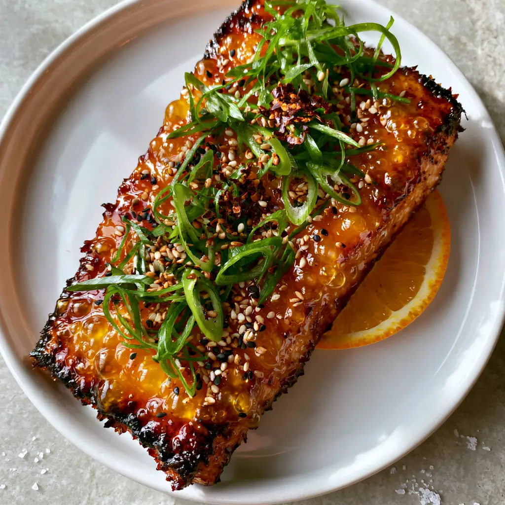 Close up of orange glazed salmon showing the charred crispy edges and bubbling amber sauce.