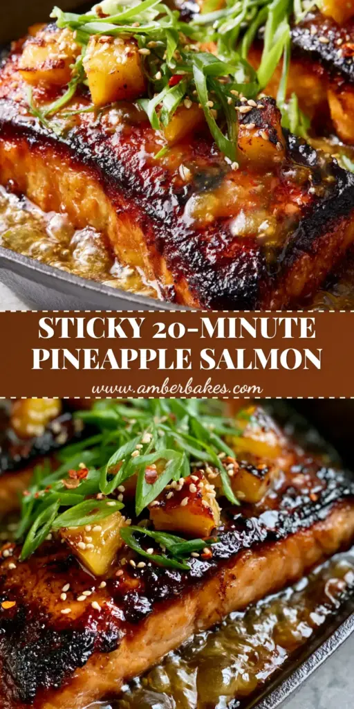 Pineapple Glazed Salmon with Sticky Amber Sauce 4 A vertical shot of Pineapple Glazed Salmon in a cast iron skillet, featuring sticky amber sauce and charred pineapple chunks.