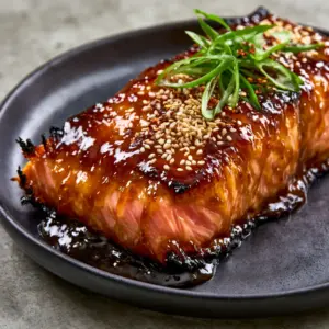 Extreme close up of a Glazed salmon fillet showing the glossy amber sauce pooling in the crevices.