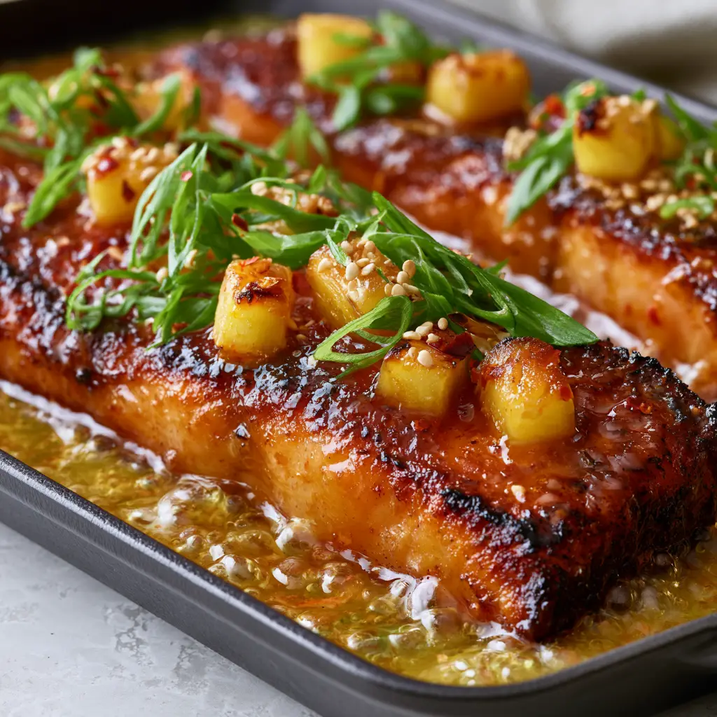 Pineapple Glazed Salmon with Sticky Amber Sauce 2 Close-up handheld photo of Pineapple Glazed Salmon showing the crispy caramelized edges and bubbling amber sauce.