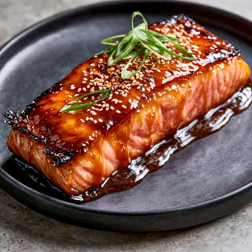 Top down view of Glazed salmon fillet garnished with scallions and sesame seeds on a grey countertop.