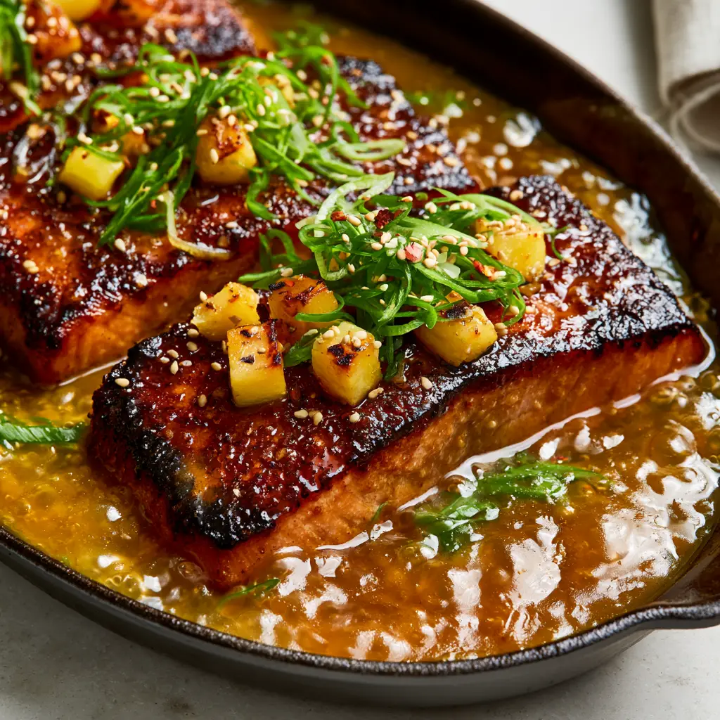 Pineapple Glazed Salmon with Sticky Amber Sauce 1 Top-down view of pan-seared salmon with charred pineapple, green scallions, and toasted sesame seeds in a dark skillet.