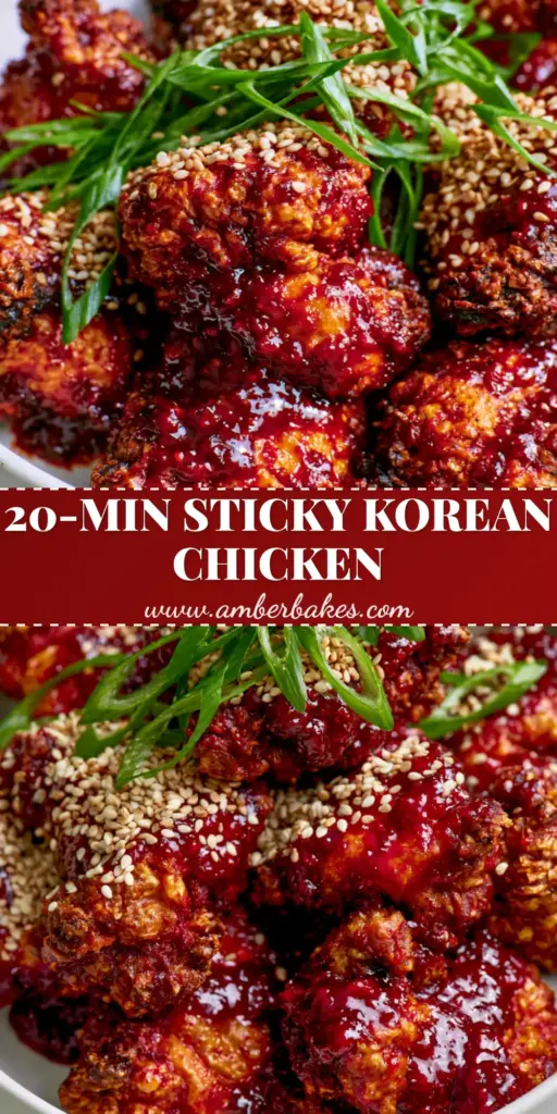 A close-up of Korean Spicy Gochujang Chicken in a white bowl, showing crispy skin, glossy crimson sauce, sesame seeds, and green scallions.