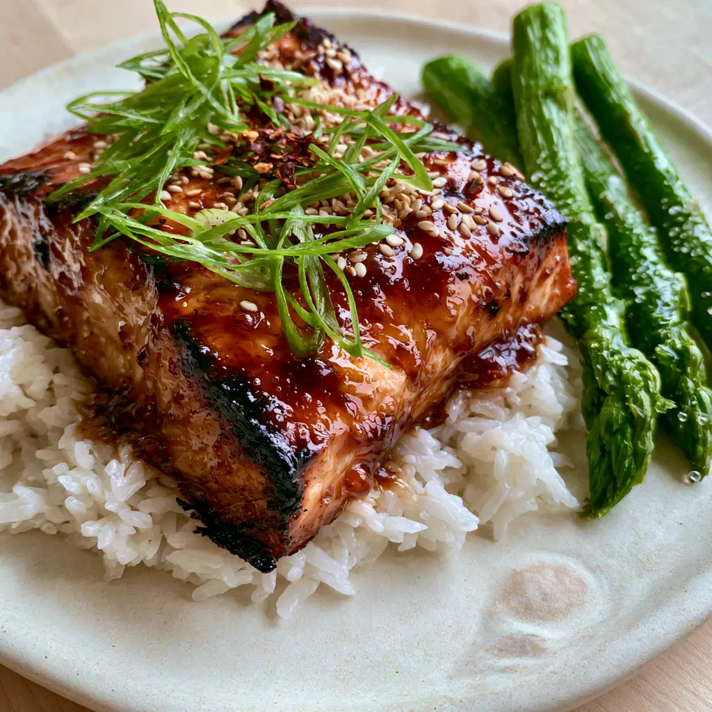 Pan-seared honey glazed salmon with snap-crisp asparagus and white sesame seeds on a matte ceramic plate.