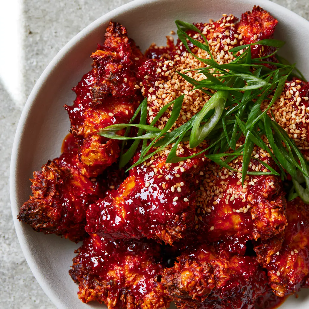 Korean Spicy Gochujang Chicken served in a matte white ceramic bowl with charred caramelized edges.