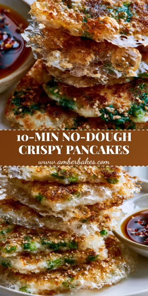A tall stack of ultra-crispy Rice Paper Scallion Pancakes featuring blistered translucent bubbles and toasted sesame seeds, served with a side of glossy amber chili oil.
