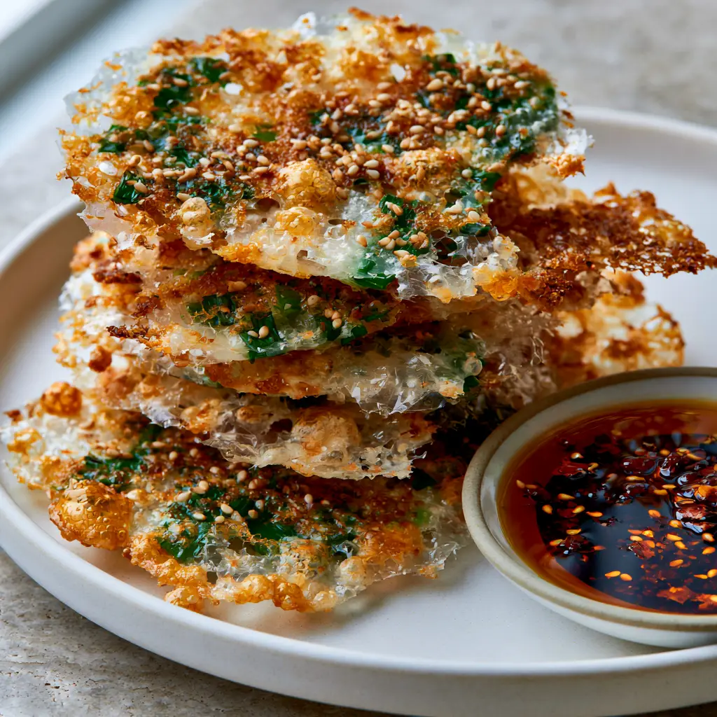 Extreme close-up of Rice Paper Scallion Pancakes showing the fried golden bubbles and vibrant green scallions.