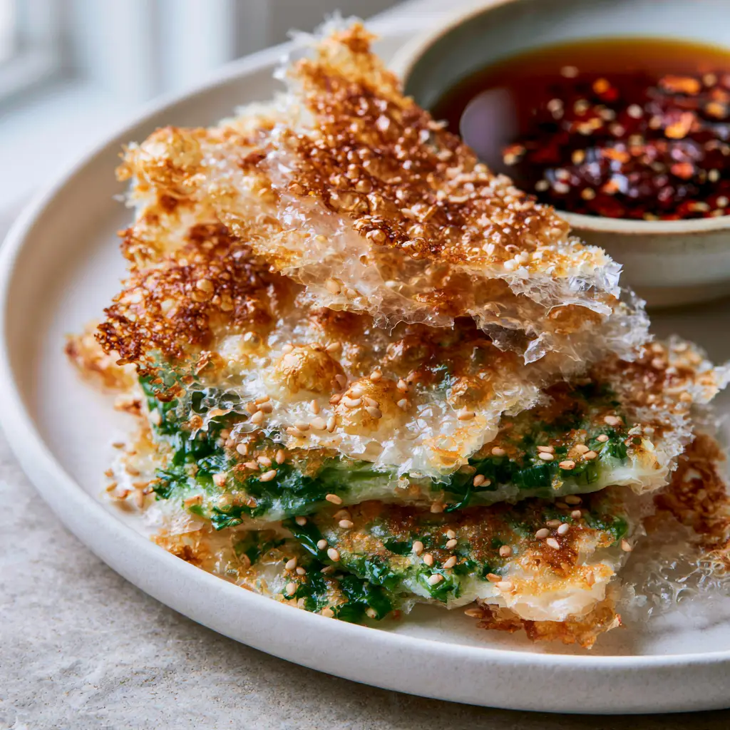Close-up of a shattered glass texture on a Rice Paper Scallion Pancake with toasted sesame seeds.