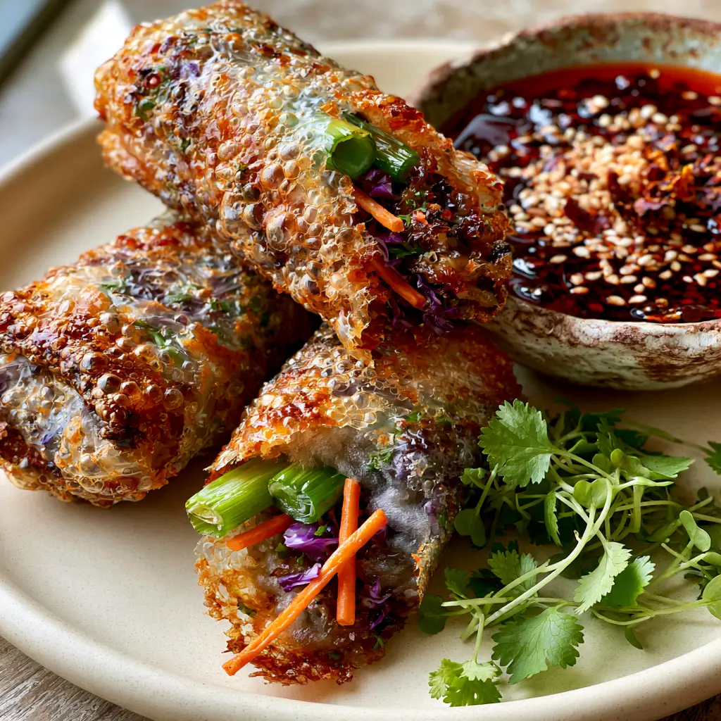 Close-up of golden-brown crispy rice paper rolls snapped in half to show steaming vegetable interior. (crispy rice paper rolls)