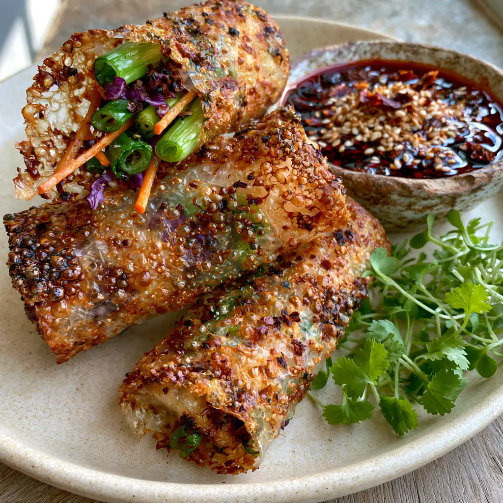 Top down view of crispy rice paper rolls with glossy red chili oil and toasted sesame seeds.