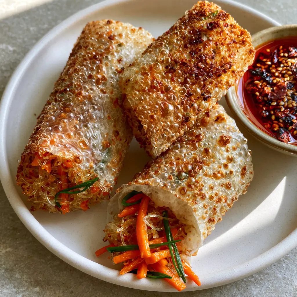 Close-up handheld photo of Air Fryer Rice Paper Noodle Rolls showing thousands of tiny translucent bubbles.