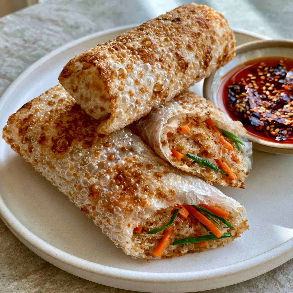 Air Fryer Rice Paper Noodle Rolls: The Ultimate Crispy Blistered Snack 1 Sliced Air Fryer Rice Paper Noodle Roll revealing glass vermicelli noodles, carrots, and scallions.
