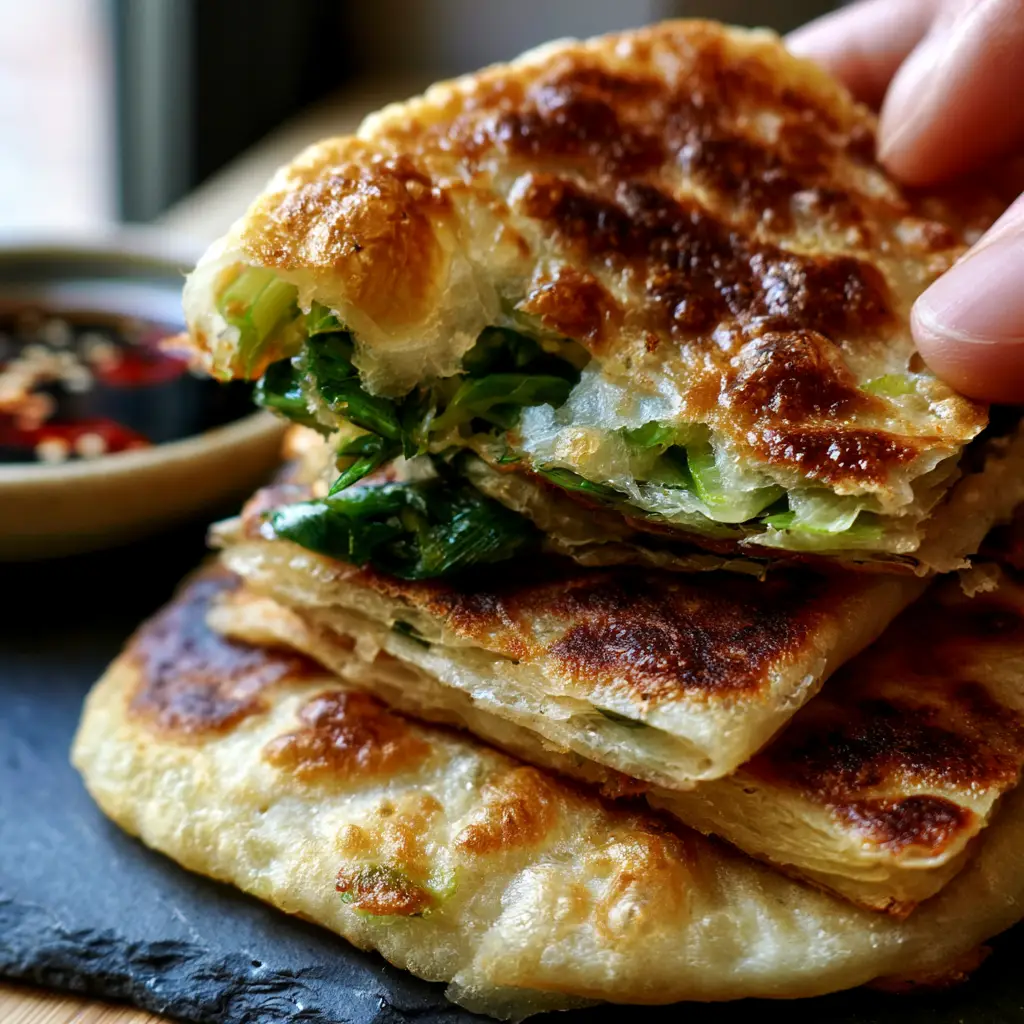 Macro shot of torn Scallion pancakes revealing translucent airy dough layers and bright emerald scallions.