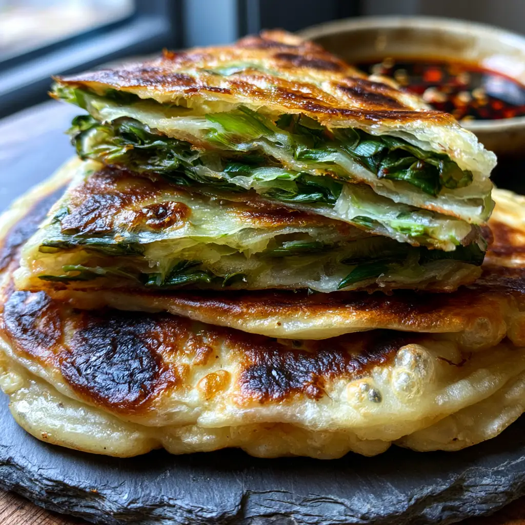 A close-up of Scallion pancakes with a dark soy-vinegar dipping sauce and red chili oil droplets in the background.