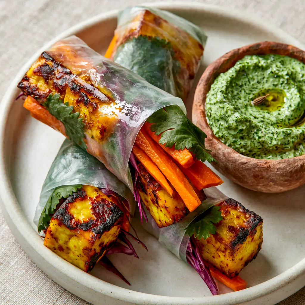 Close-up of Indian rice paper rolls next to a bowl of textured green mint chutney with a cumin seed garnish.