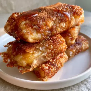 Handheld photo showing the shatteringly crisp texture of caramelized banana rice paper rolls with a steaming center.