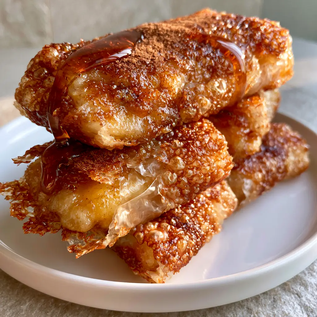 Caramelized Banana Rice Paper Rolls: The Ultimate Crispy Air-Fried Dessert 2 Handheld photo showing the shatteringly crisp texture of caramelized banana rice paper rolls with a steaming center.