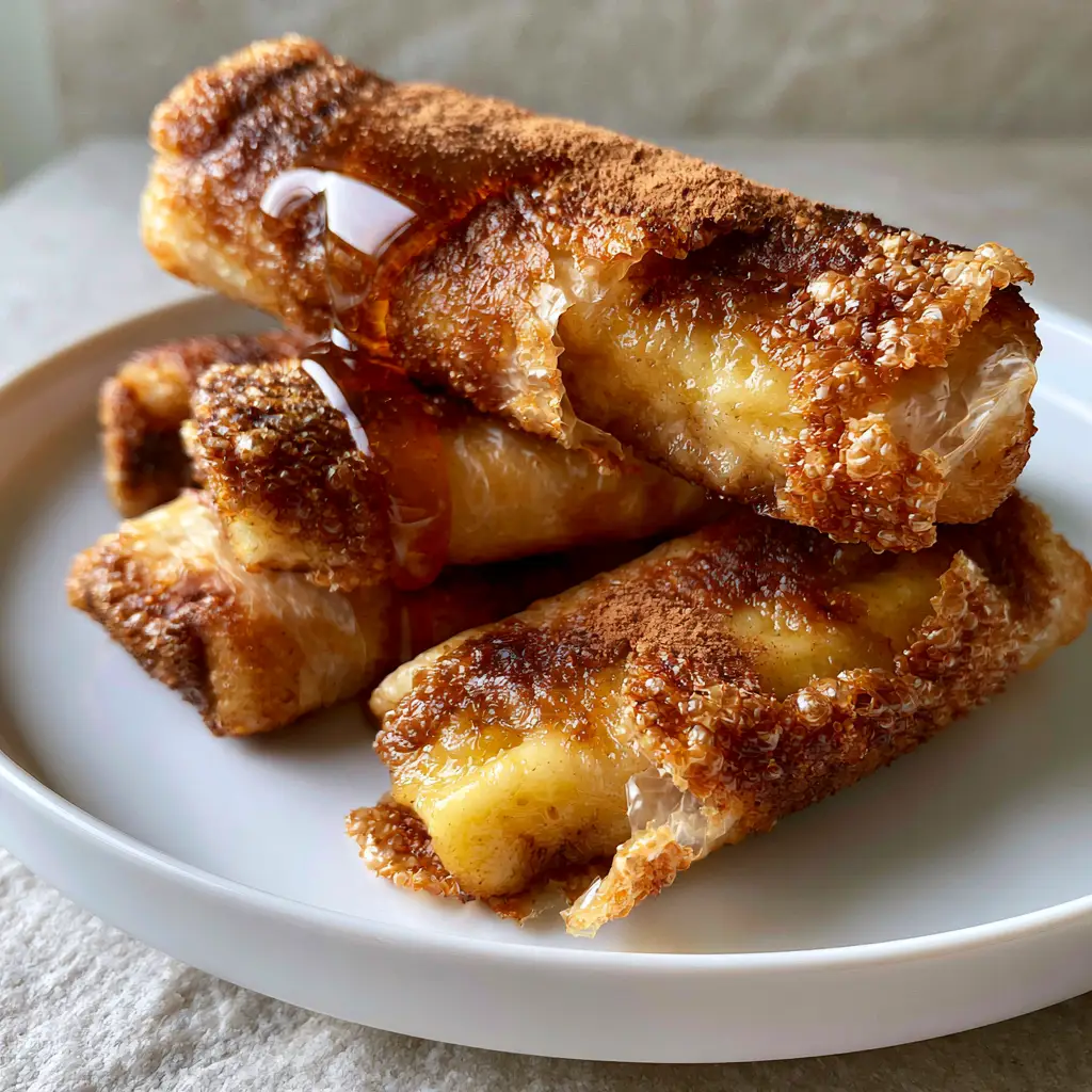 Caramelized Banana Rice Paper Rolls: The Ultimate Crispy Air-Fried Dessert 1 Close-up of golden-brown rice paper rolls filled with gooey caramelized bananas on a minimalist white plate.