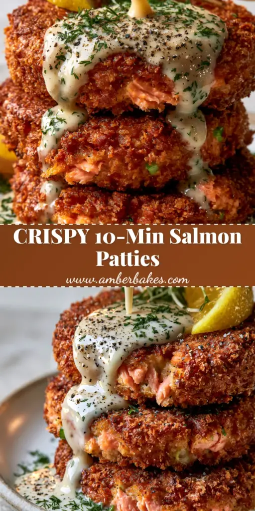 A vertical high-angle shot of three crispy salmon patties with a golden-brown panko crust and a creamy white lemon-garlic sauce drizzle. (canned salmon recipes)