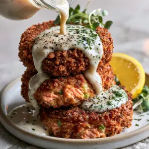 Close-up of thick salmon cakes showing the craggy panko texture and flakes of pink salmon. (canned salmon recipes)