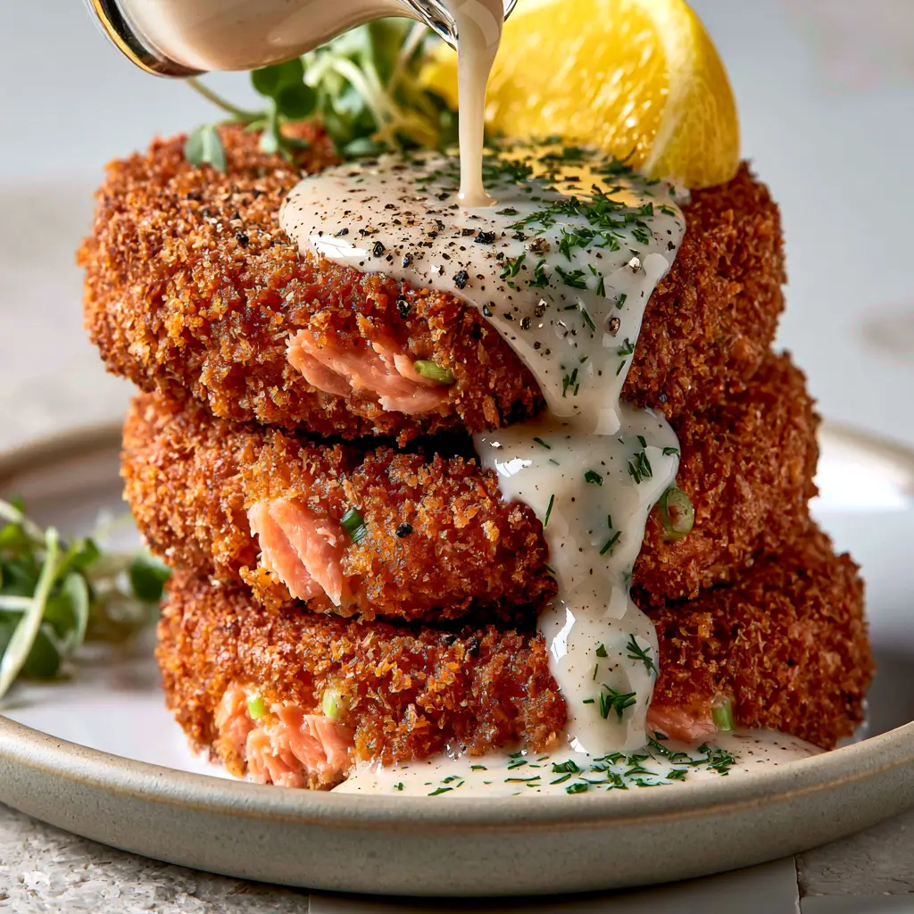 Creamy lemon-garlic sauce being drizzled over a stack of golden salmon patties with fresh dill and lemon.
