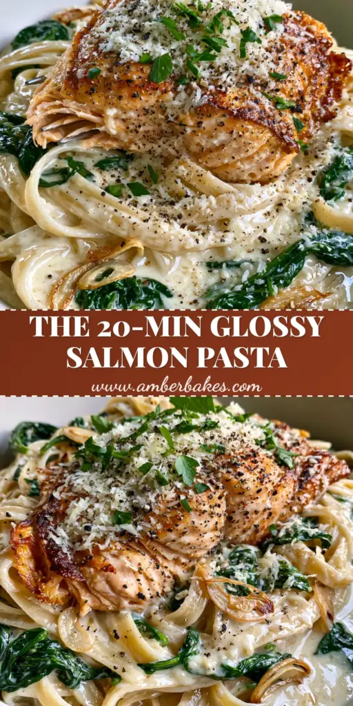 A close-up shot of creamy salmon pasta with pan-seared salmon flakes, wilted spinach, and garlic slivers in a matte white bowl.