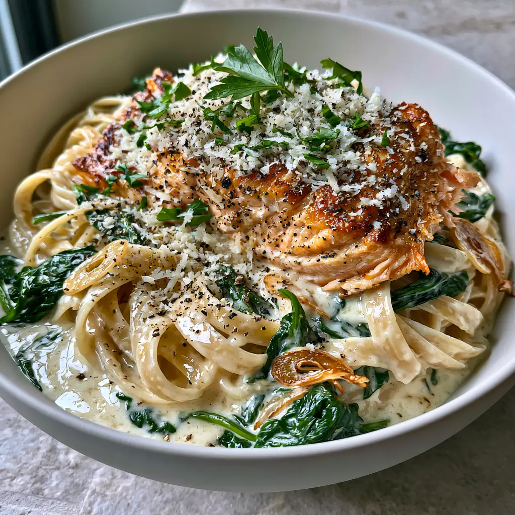 Wide shot of the creamy salmon pasta in a shallow ceramic bowl on a grey stone countertop.
