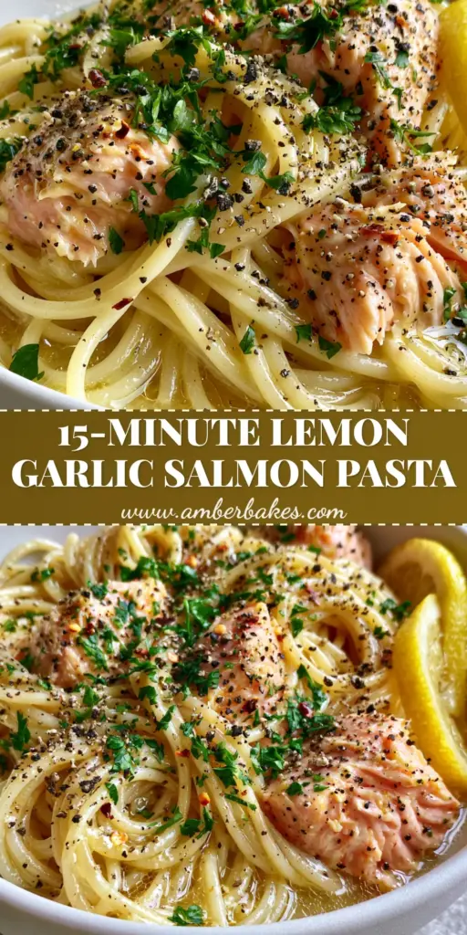 Top-down view of canned salmon pasta with large pink salmon chunks, lemon wheels, and fresh parsley in a white bowl. (canned salmon pasta)