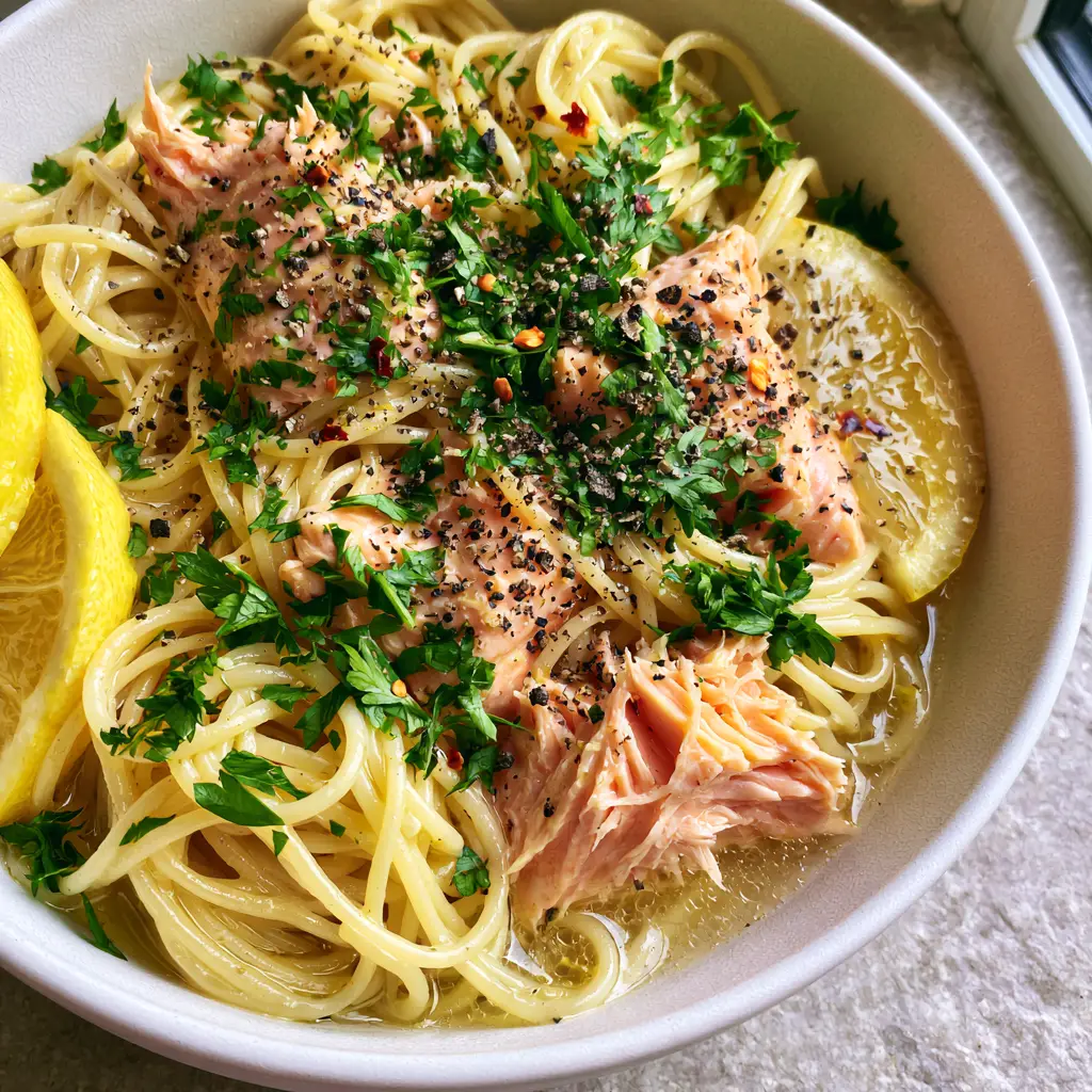 Overhead shot of lemon garlic salmon pasta garnished with toasted garlic and parsley.