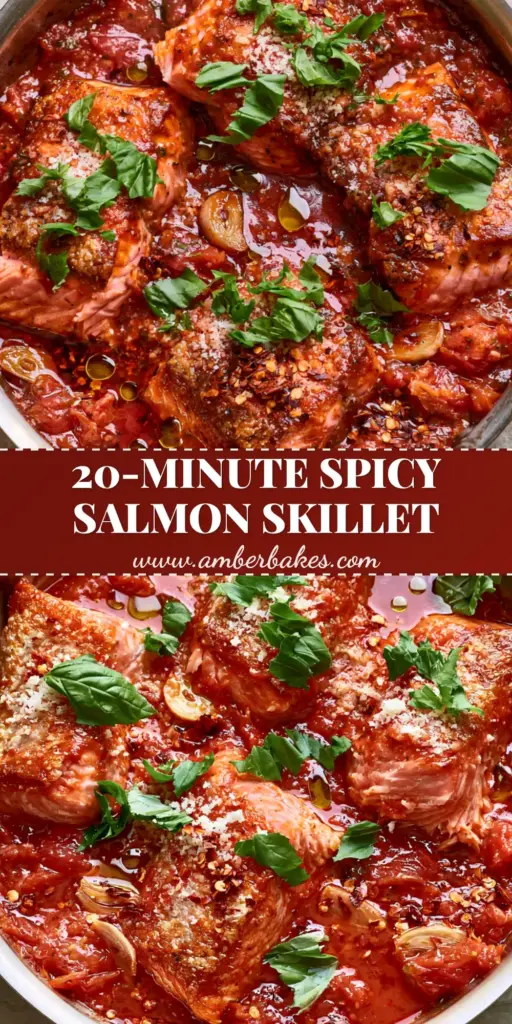 Top-down view of three pan-seared salmon fillets in a crimson spicy Arrabbiata tomato sauce with basil and pecorino. (Salmon all'Arrabbiata)