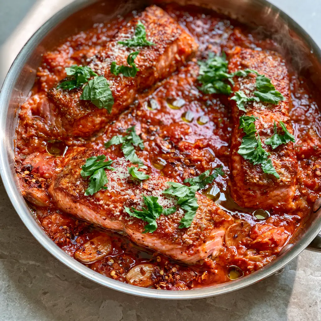 45-degree angle of a stainless steel skillet with spicy salmon, steam rising, and fresh basil garnish.