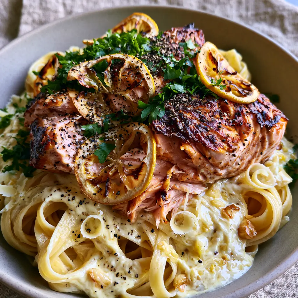 Lemon Garlic Salmon Pasta with a Silky Cream Sauce 2 Extreme close-up of glossy lemon garlic salmon pasta with fresh parsley and parmesan shavings.