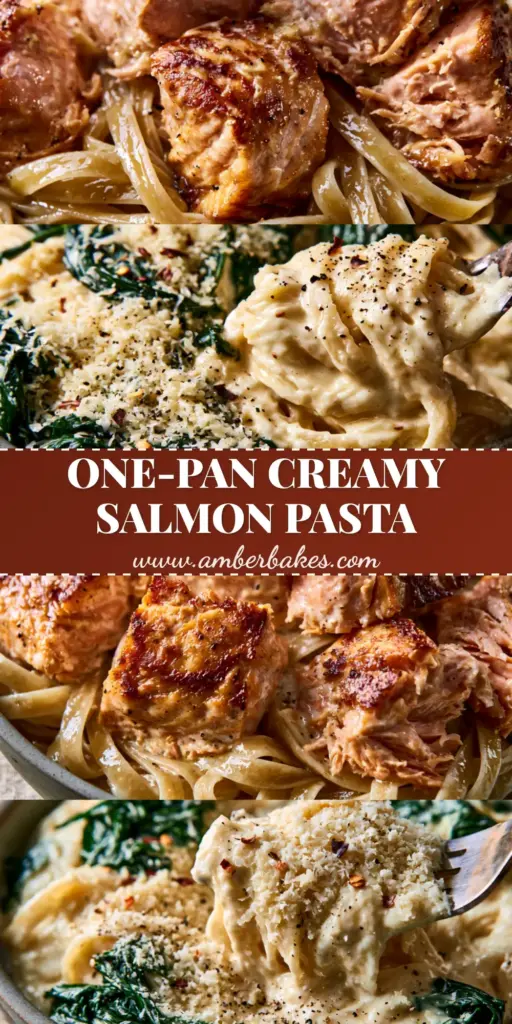 A Pinterest pin showing a one-pan spinach salmon pasta recipe with creamy garlic sauce and golden-seared salmon chunks.