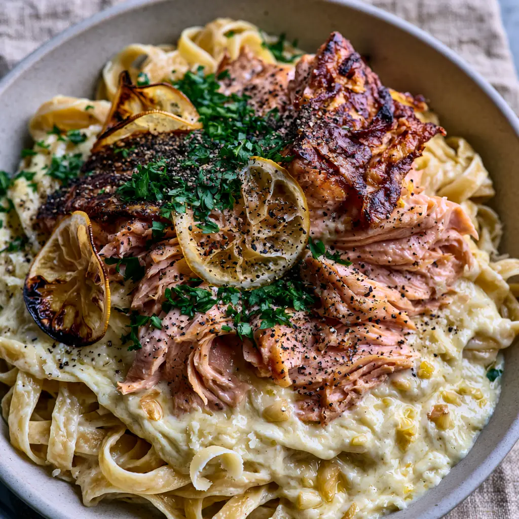 Lemon Garlic Salmon Pasta with a Silky Cream Sauce 1 Shallow bowl of fettuccine coated in lemon garlic cream sauce with pan-seared salmon and charred lemons.