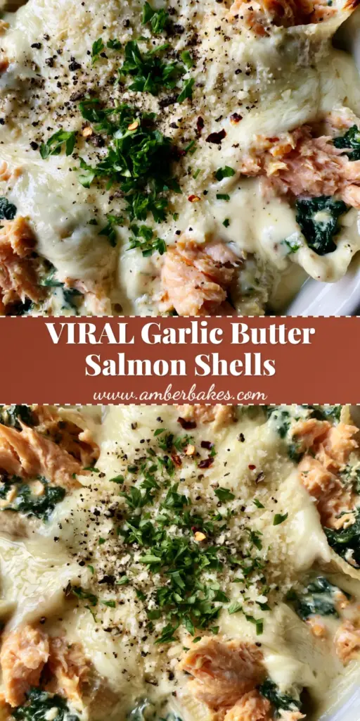 Overhead handheld smartphone photo of salmon stuffed shells in a white ceramic baking dish with bubbly mozzarella and garlic cream sauce.