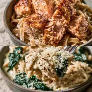 Overhead view of a spinach salmon pasta recipe in a grey ceramic pan featuring flaky salmon and velvety fettuccine.